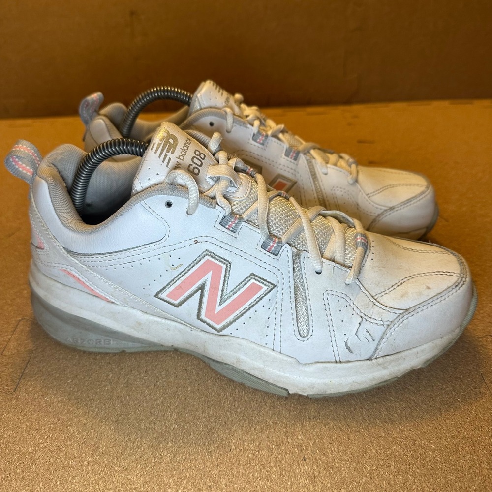New Balance 608 v5 Womens‎ Size 9.5D White Pink Leather Training Shoes WX608WP5